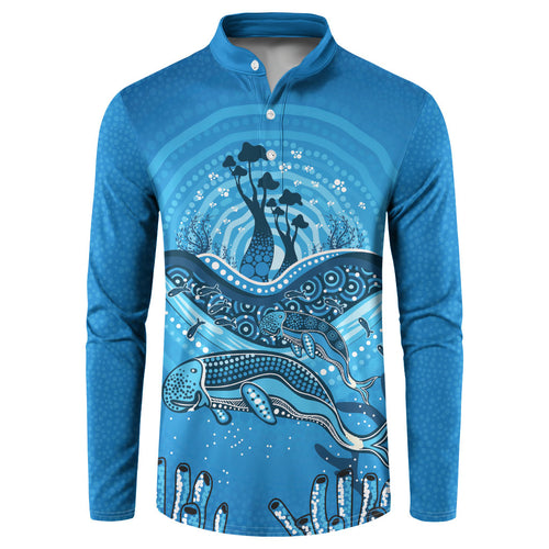 Aboriginal Ocean Dugong Button Sweatshirt Dot Art Dreamtime Tree of Life