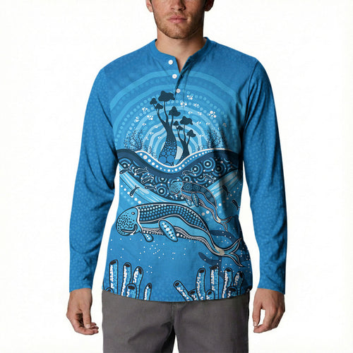 Aboriginal Ocean Dugong Button Sweatshirt Dot Art Dreamtime Tree of Life
