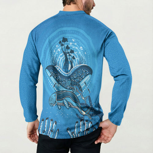Aboriginal Ocean Dugong Button Sweatshirt Dot Art Dreamtime Tree of Life