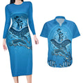 Aboriginal Ocean Dugong Couples Matching Long Sleeve Bodycon Dress and Hawaiian Shirt Dot Art Dreamtime Tree of Life