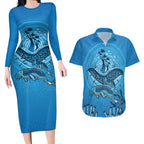 Aboriginal Ocean Dugong Couples Matching Long Sleeve Bodycon Dress and Hawaiian Shirt Dot Art Dreamtime Tree of Life