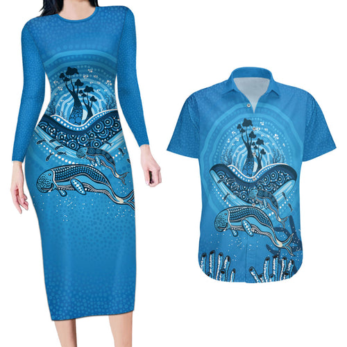 Aboriginal Ocean Dugong Couples Matching Long Sleeve Bodycon Dress and Hawaiian Shirt Dot Art Dreamtime Tree of Life