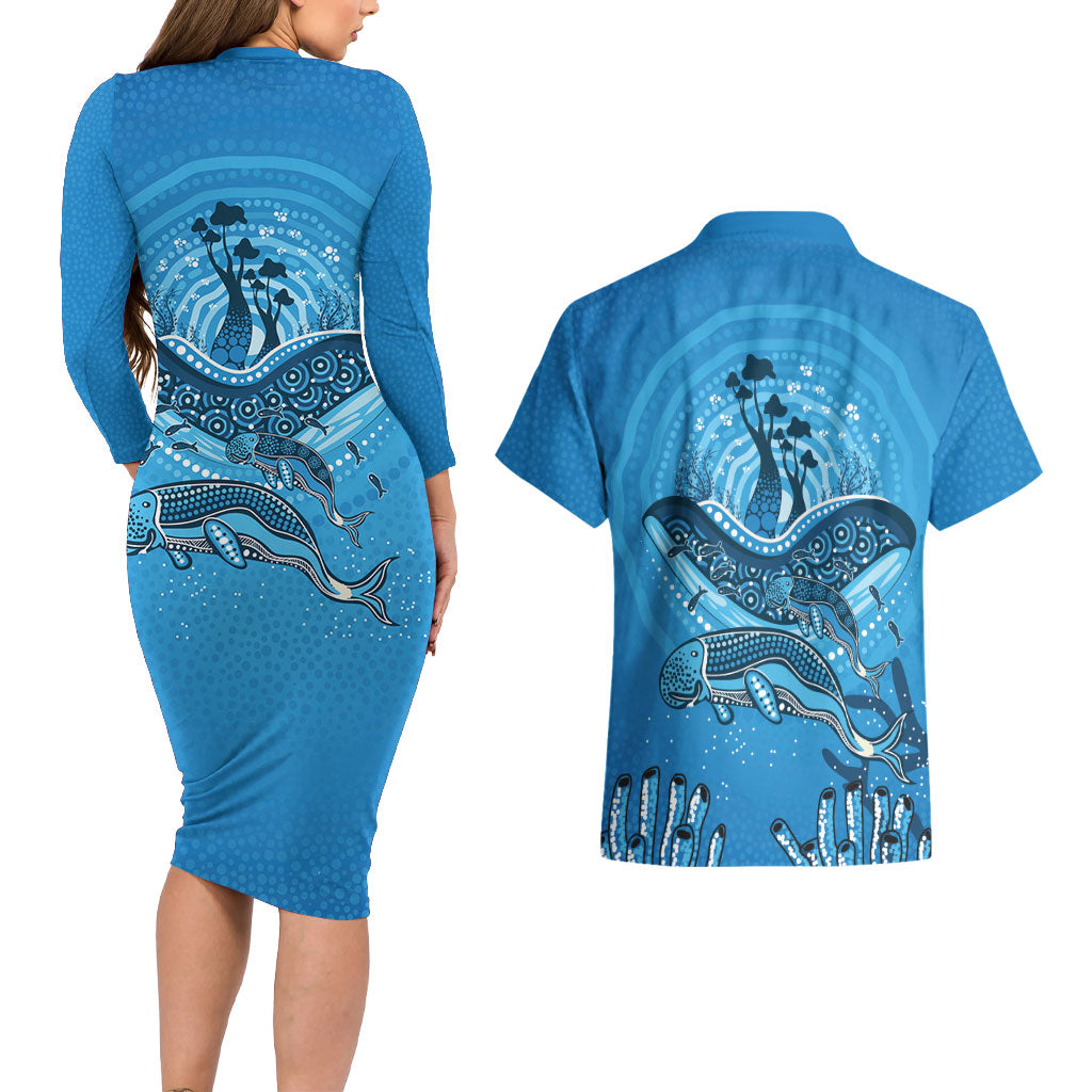 Aboriginal Ocean Dugong Couples Matching Long Sleeve Bodycon Dress and Hawaiian Shirt Dot Art Dreamtime Tree of Life