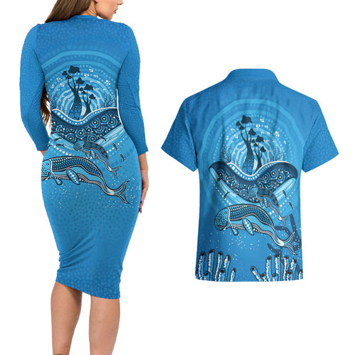 Aboriginal Ocean Dugong Couples Matching Long Sleeve Bodycon Dress and Hawaiian Shirt Dot Art Dreamtime Tree of Life