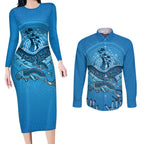 Aboriginal Ocean Dugong Couples Matching Long Sleeve Bodycon Dress and Long Sleeve Button Shirt Dot Art Dreamtime Tree of Life