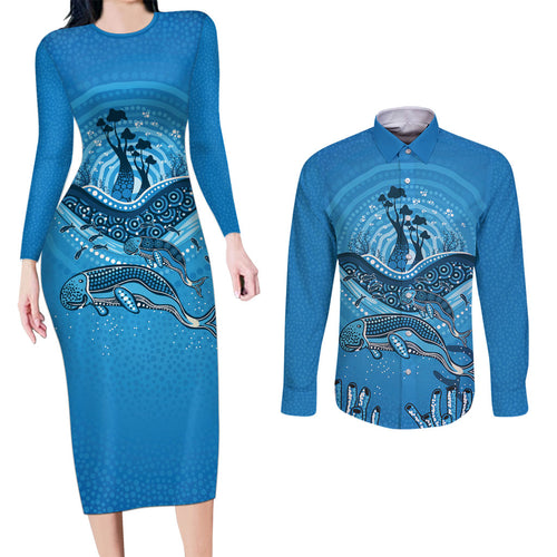 Aboriginal Ocean Dugong Couples Matching Long Sleeve Bodycon Dress and Long Sleeve Button Shirt Dot Art Dreamtime Tree of Life