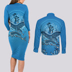 Aboriginal Ocean Dugong Couples Matching Long Sleeve Bodycon Dress and Long Sleeve Button Shirt Dot Art Dreamtime Tree of Life