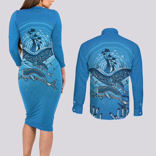 Aboriginal Ocean Dugong Couples Matching Long Sleeve Bodycon Dress and Long Sleeve Button Shirt Dot Art Dreamtime Tree of Life