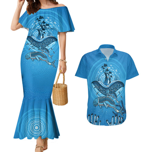 Aboriginal Ocean Dugong Couples Matching Mermaid Dress and Hawaiian Shirt Dot Art Dreamtime Tree of Life