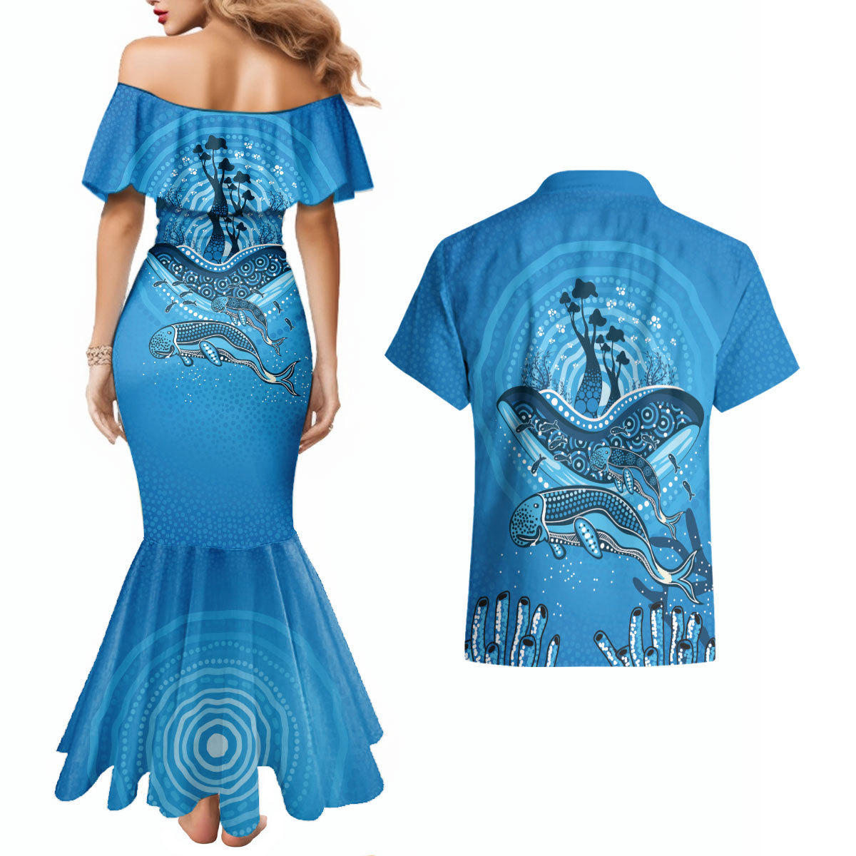 Aboriginal Ocean Dugong Couples Matching Mermaid Dress and Hawaiian Shirt Dot Art Dreamtime Tree of Life