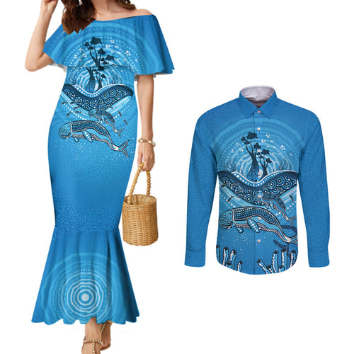 Aboriginal Ocean Dugong Couples Matching Mermaid Dress and Long Sleeve Button Shirt Dot Art Dreamtime Tree of Life