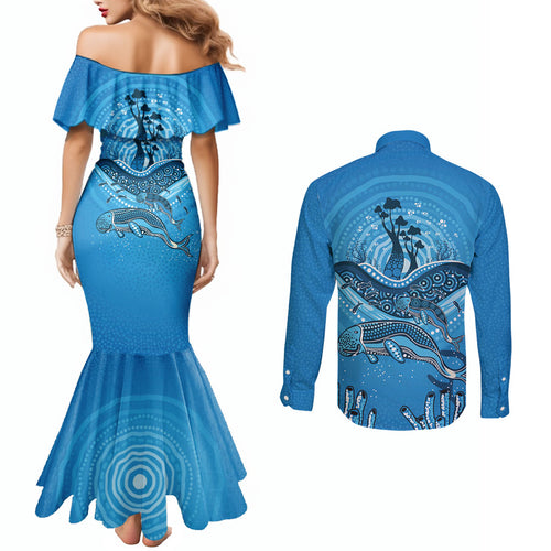 Aboriginal Ocean Dugong Couples Matching Mermaid Dress and Long Sleeve Button Shirt Dot Art Dreamtime Tree of Life
