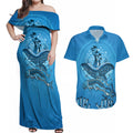 Aboriginal Ocean Dugong Couples Matching Off Shoulder Maxi Dress and Hawaiian Shirt Dot Art Dreamtime Tree of Life