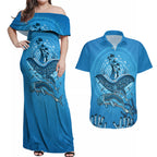 Aboriginal Ocean Dugong Couples Matching Off Shoulder Maxi Dress and Hawaiian Shirt Dot Art Dreamtime Tree of Life