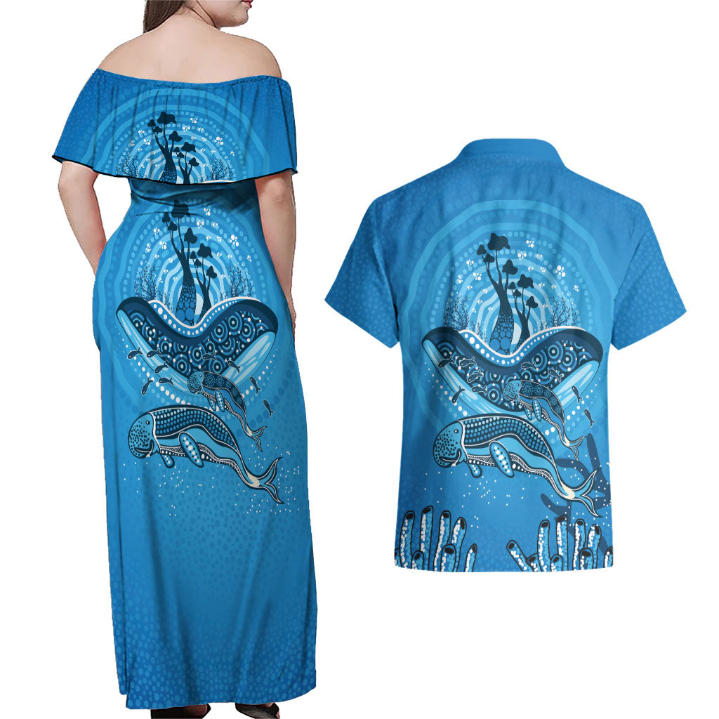 Aboriginal Ocean Dugong Couples Matching Off Shoulder Maxi Dress and Hawaiian Shirt Dot Art Dreamtime Tree of Life