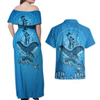 Aboriginal Ocean Dugong Couples Matching Off Shoulder Maxi Dress and Hawaiian Shirt Dot Art Dreamtime Tree of Life