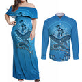 Aboriginal Ocean Dugong Couples Matching Off Shoulder Maxi Dress and Long Sleeve Button Shirt Dot Art Dreamtime Tree of Life