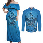 Aboriginal Ocean Dugong Couples Matching Off Shoulder Maxi Dress and Long Sleeve Button Shirt Dot Art Dreamtime Tree of Life