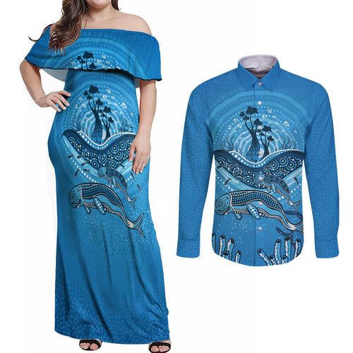 Aboriginal Ocean Dugong Couples Matching Off Shoulder Maxi Dress and Long Sleeve Button Shirt Dot Art Dreamtime Tree of Life