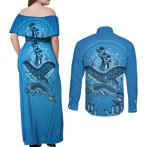 Aboriginal Ocean Dugong Couples Matching Off Shoulder Maxi Dress and Long Sleeve Button Shirt Dot Art Dreamtime Tree of Life