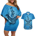 Aboriginal Ocean Dugong Couples Matching Off Shoulder Short Dress and Hawaiian Shirt Dot Art Dreamtime Tree of Life