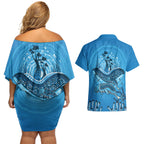 Aboriginal Ocean Dugong Couples Matching Off Shoulder Short Dress and Hawaiian Shirt Dot Art Dreamtime Tree of Life