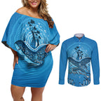 Aboriginal Ocean Dugong Couples Matching Off Shoulder Short Dress and Long Sleeve Button Shirt Dot Art Dreamtime Tree of Life