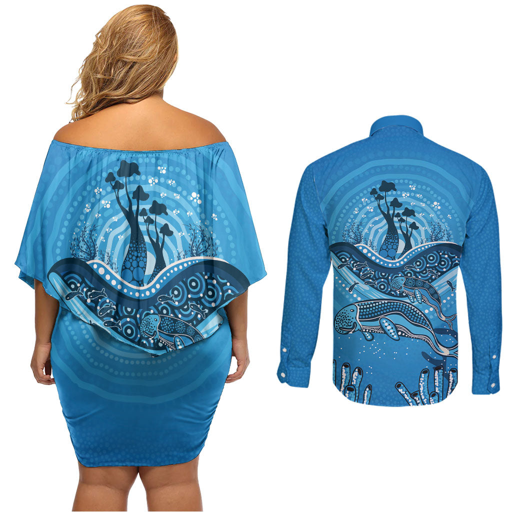 Aboriginal Ocean Dugong Couples Matching Off Shoulder Short Dress and Long Sleeve Button Shirt Dot Art Dreamtime Tree of Life