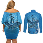 Aboriginal Ocean Dugong Couples Matching Off Shoulder Short Dress and Long Sleeve Button Shirt Dot Art Dreamtime Tree of Life