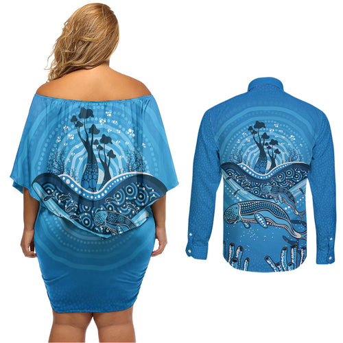 Aboriginal Ocean Dugong Couples Matching Off Shoulder Short Dress and Long Sleeve Button Shirt Dot Art Dreamtime Tree of Life