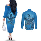 Aboriginal Ocean Dugong Couples Matching Off The Shoulder Long Sleeve Dress and Long Sleeve Button Shirt Dot Art Dreamtime Tree of Life