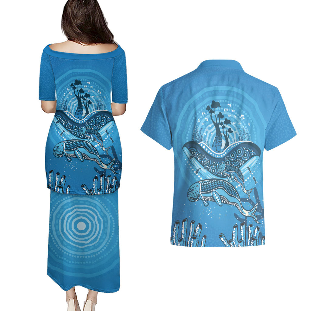Aboriginal Ocean Dugong Couples Matching Puletasi and Hawaiian Shirt Dot Art Dreamtime Tree of Life