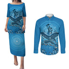 Aboriginal Ocean Dugong Couples Matching Puletasi and Long Sleeve Button Shirt Dot Art Dreamtime Tree of Life