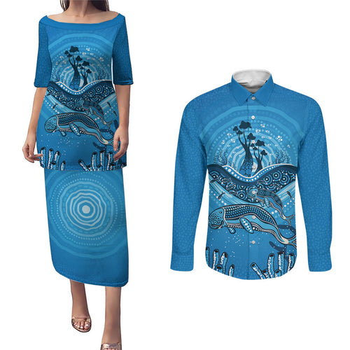 Aboriginal Ocean Dugong Couples Matching Puletasi and Long Sleeve Button Shirt Dot Art Dreamtime Tree of Life