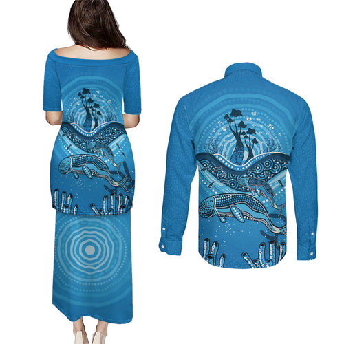 Aboriginal Ocean Dugong Couples Matching Puletasi and Long Sleeve Button Shirt Dot Art Dreamtime Tree of Life