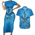 Aboriginal Ocean Dugong Couples Matching Short Sleeve Bodycon Dress and Hawaiian Shirt Dot Art Dreamtime Tree of Life