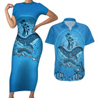 Aboriginal Ocean Dugong Couples Matching Short Sleeve Bodycon Dress and Hawaiian Shirt Dot Art Dreamtime Tree of Life