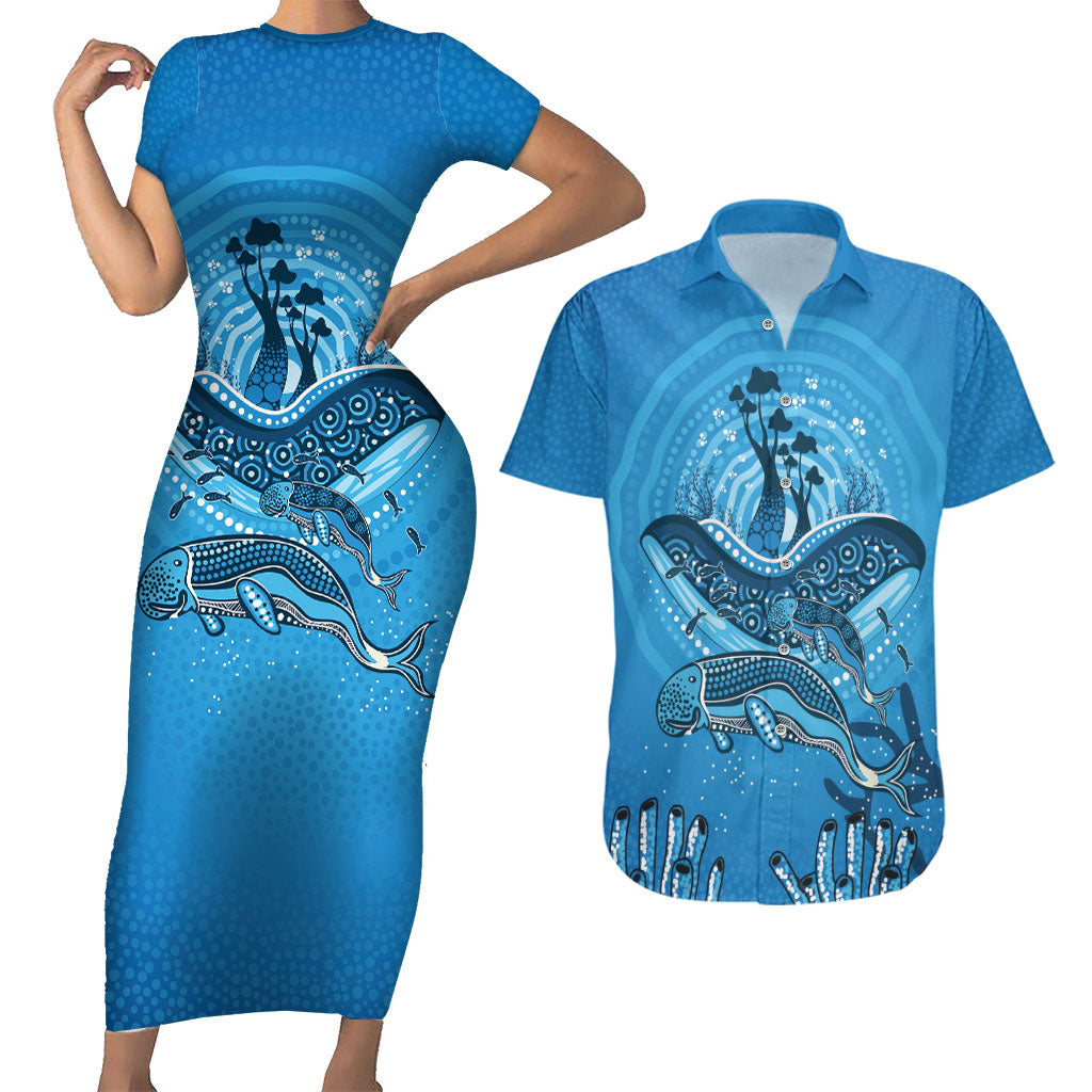 Aboriginal Ocean Dugong Couples Matching Short Sleeve Bodycon Dress and Hawaiian Shirt Dot Art Dreamtime Tree of Life