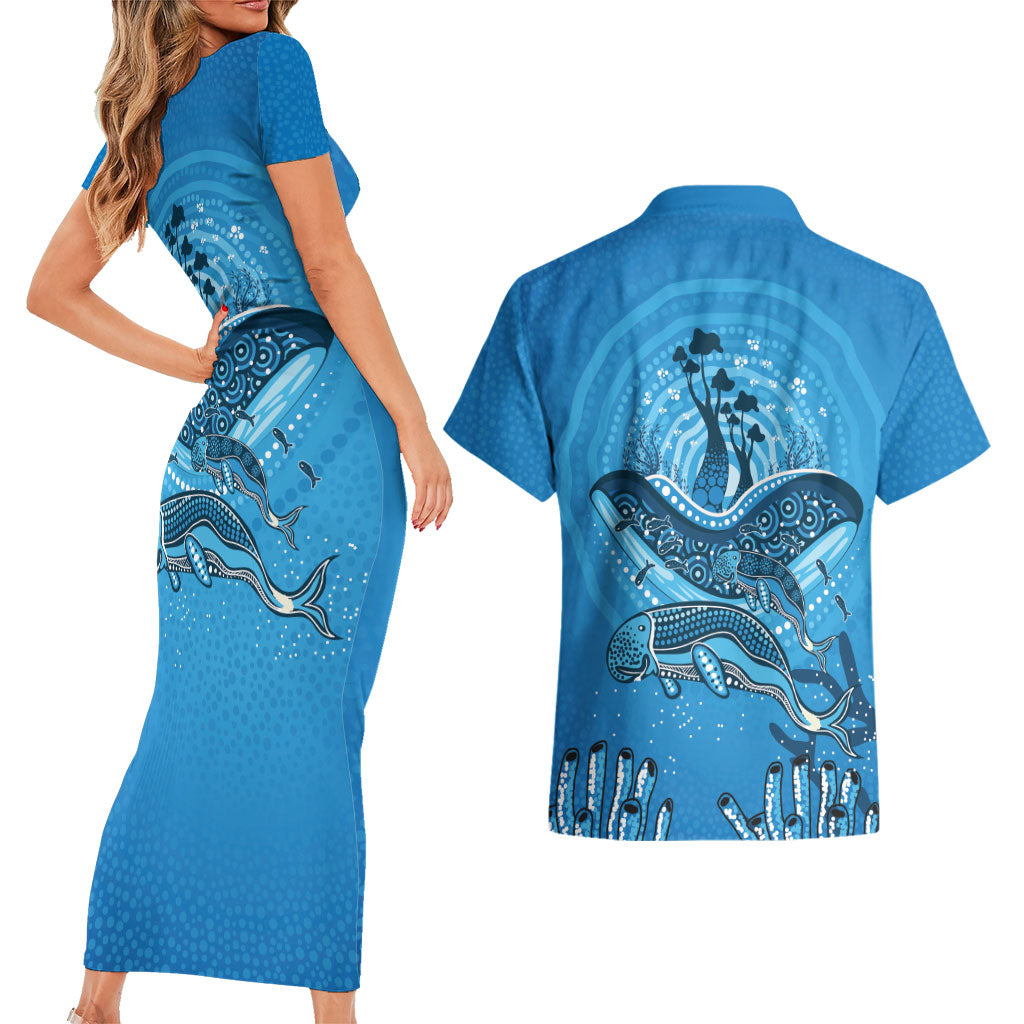 Aboriginal Ocean Dugong Couples Matching Short Sleeve Bodycon Dress and Hawaiian Shirt Dot Art Dreamtime Tree of Life