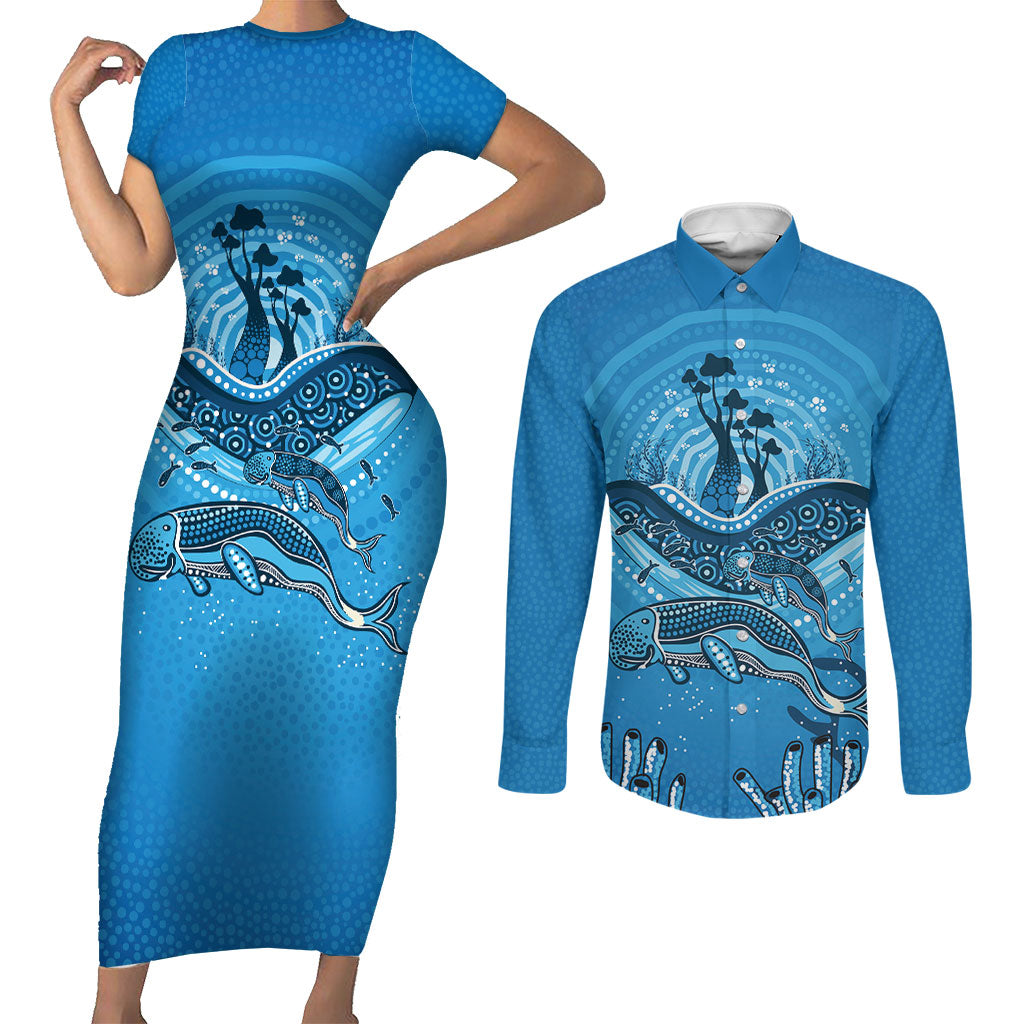 Aboriginal Ocean Dugong Couples Matching Short Sleeve Bodycon Dress and Long Sleeve Button Shirt Dot Art Dreamtime Tree of Life