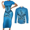 Aboriginal Ocean Dugong Couples Matching Short Sleeve Bodycon Dress and Long Sleeve Button Shirt Dot Art Dreamtime Tree of Life