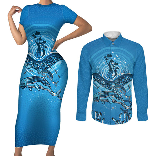Aboriginal Ocean Dugong Couples Matching Short Sleeve Bodycon Dress and Long Sleeve Button Shirt Dot Art Dreamtime Tree of Life