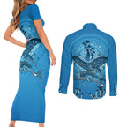 Aboriginal Ocean Dugong Couples Matching Short Sleeve Bodycon Dress and Long Sleeve Button Shirt Dot Art Dreamtime Tree of Life