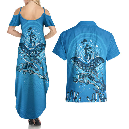 Aboriginal Ocean Dugong Couples Matching Summer Maxi Dress and Hawaiian Shirt Dot Art Dreamtime Tree of Life