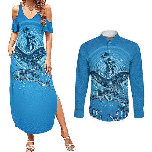 Aboriginal Ocean Dugong Couples Matching Summer Maxi Dress and Long Sleeve Button Shirt Dot Art Dreamtime Tree of Life