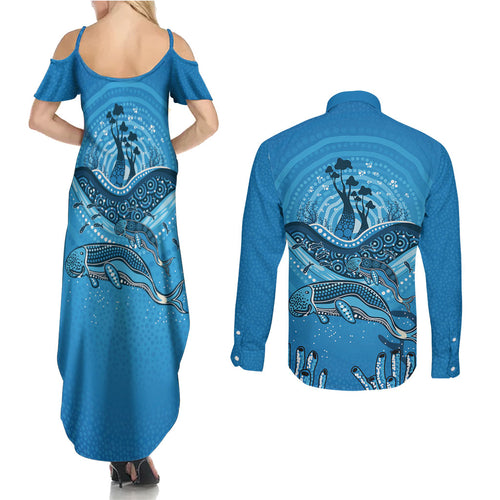 Aboriginal Ocean Dugong Couples Matching Summer Maxi Dress and Long Sleeve Button Shirt Dot Art Dreamtime Tree of Life