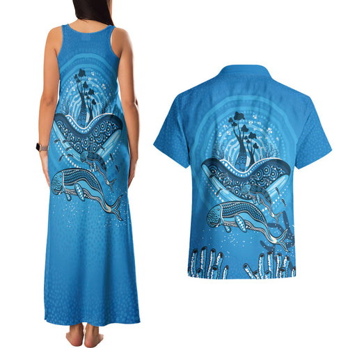 Aboriginal Ocean Dugong Couples Matching Tank Maxi Dress and Hawaiian Shirt Dot Art Dreamtime Tree of Life