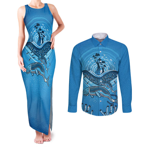 Aboriginal Ocean Dugong Couples Matching Tank Maxi Dress and Long Sleeve Button Shirt Dot Art Dreamtime Tree of Life