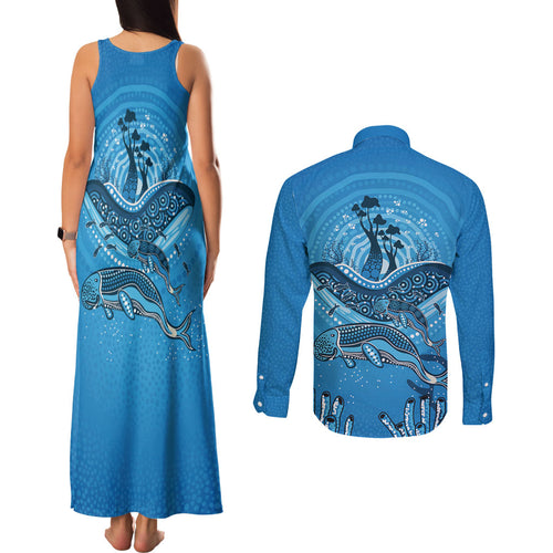 Aboriginal Ocean Dugong Couples Matching Tank Maxi Dress and Long Sleeve Button Shirt Dot Art Dreamtime Tree of Life