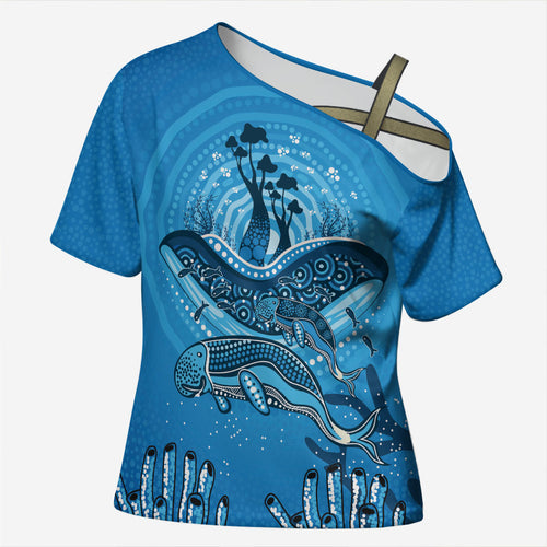Aboriginal Ocean Dugong Cross Shoulder Shirt Dot Art Dreamtime Tree of Life